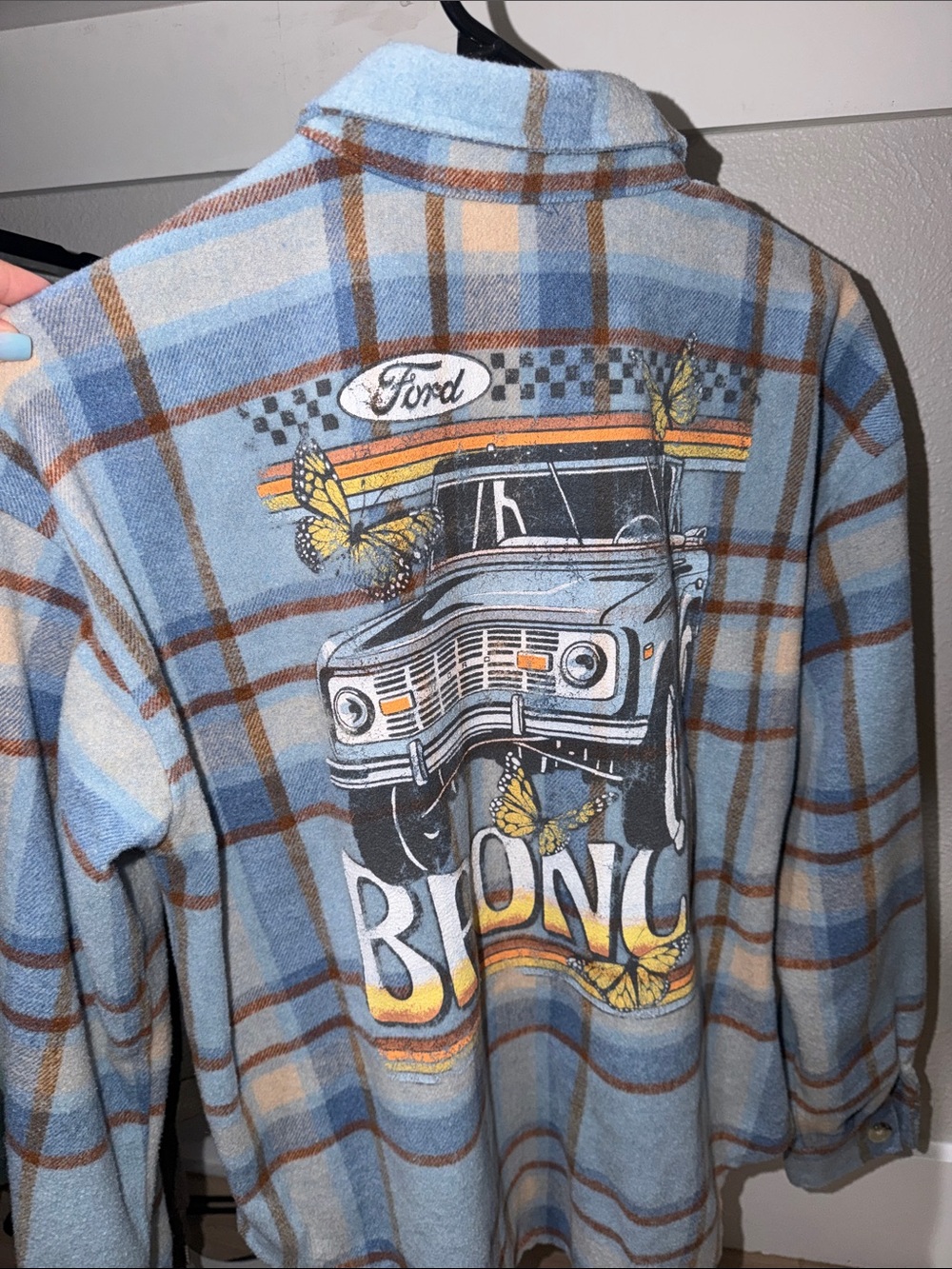 Ford Light Blue and Tan Plaid Flannel with Vintage Bronco Graphic